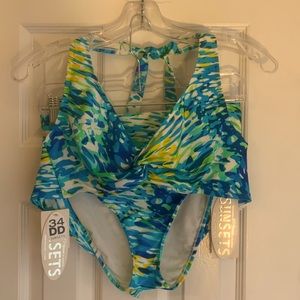 Sunsets Tranquility Bikini, new, Top 34DD, bottom large, multi-color